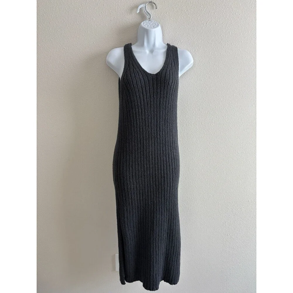 FREE PEOPLE Emmy Ribbed V-Neck Sweater Dress Cotton‎ Small Petite GRAPHITE Slits